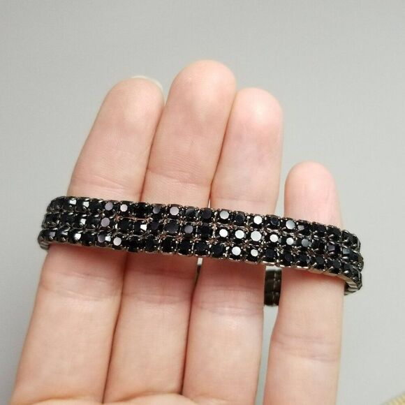 Vintage Sparkly Black Rhinestone Three Row Stretch Bangle Bracelet, Estate - Picture 6 of 7